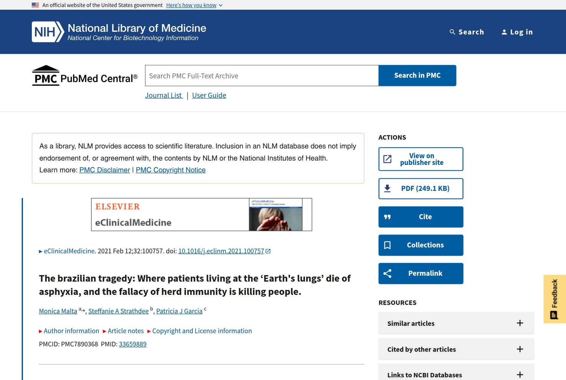 captura da página de estudo revisado por pares, repositório PubMed Central